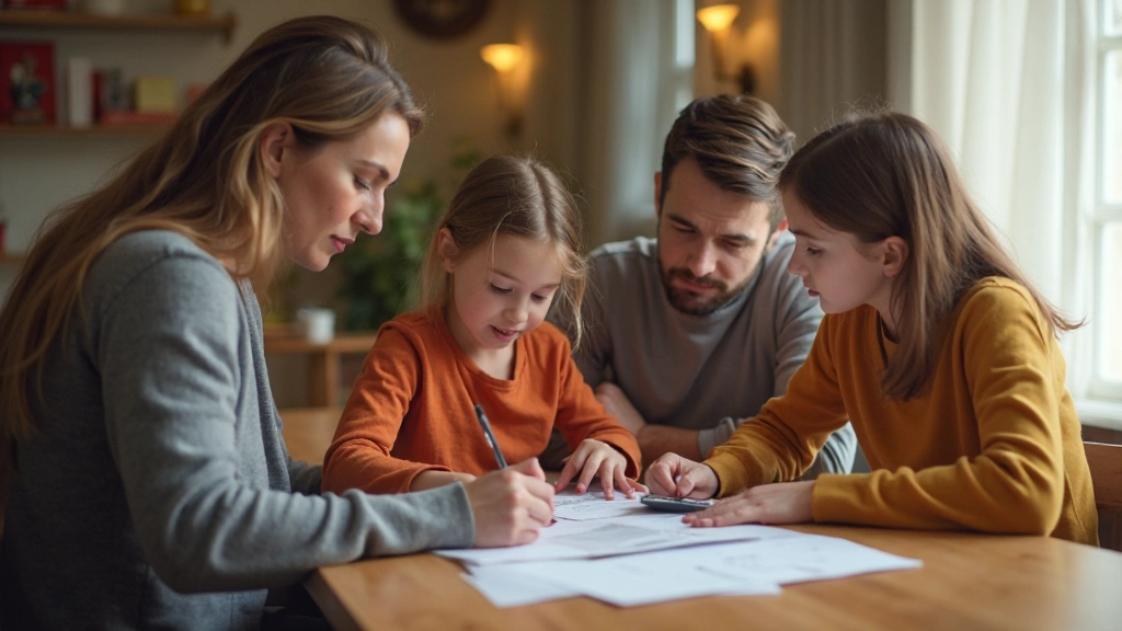 Семья планирует бюджет вместе за столом с документами и калькулятором