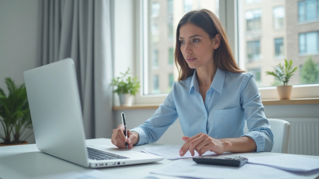 Профессиональный рабочий стол с ноутбуком, калькулятором и документами для финансового планирования